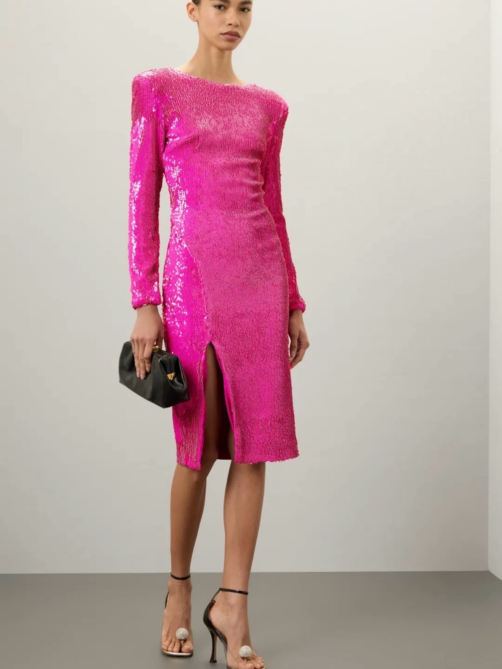 Dress The Population Hot Pink Sequin Long Sleeve Midi Dress